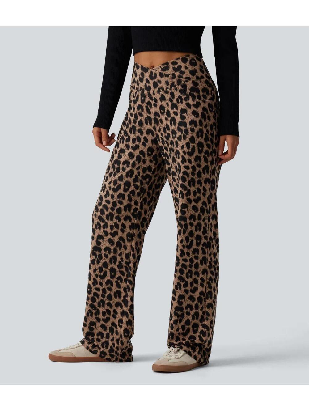 Halara High Waisted Crossover Leopard Print Waffle Pants Noir Safari Size Small - Picture 6 of 9